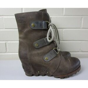 Sorel Joan Of Arc Wedge Boots Womens (6.5) Brown Leather Lace Up Hidden Heel